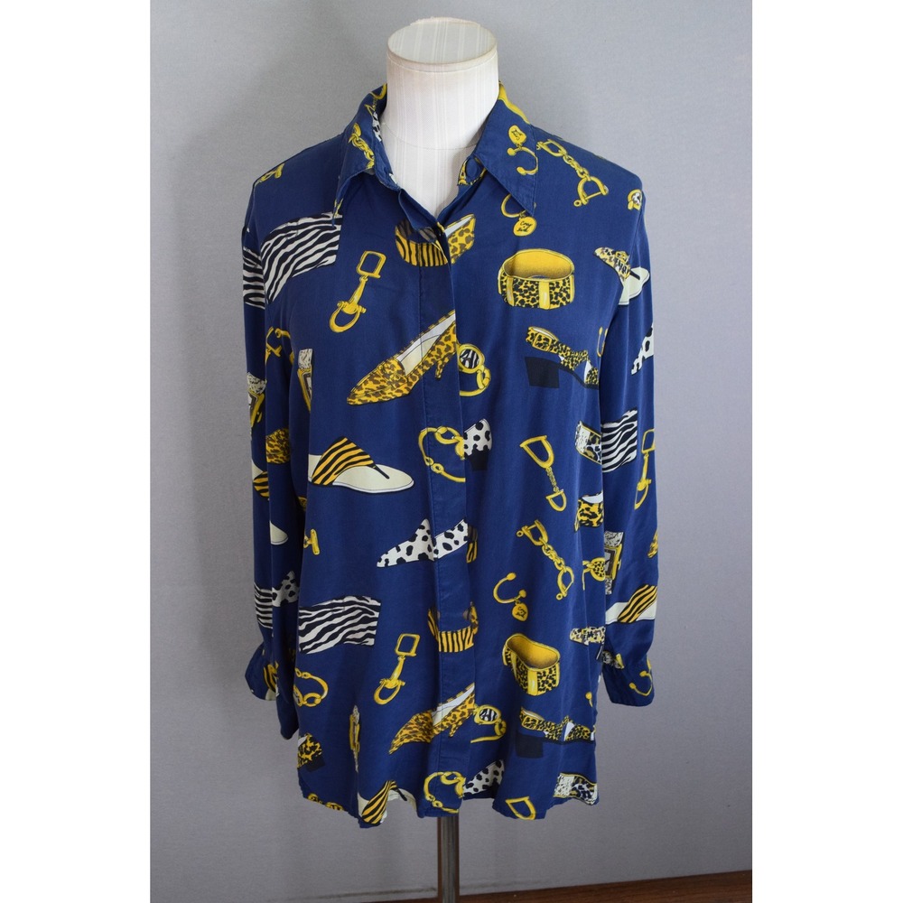 Piano Silk Blouse Medium Blue Vintage Novelty Shoe Belt Print Button Down Womens